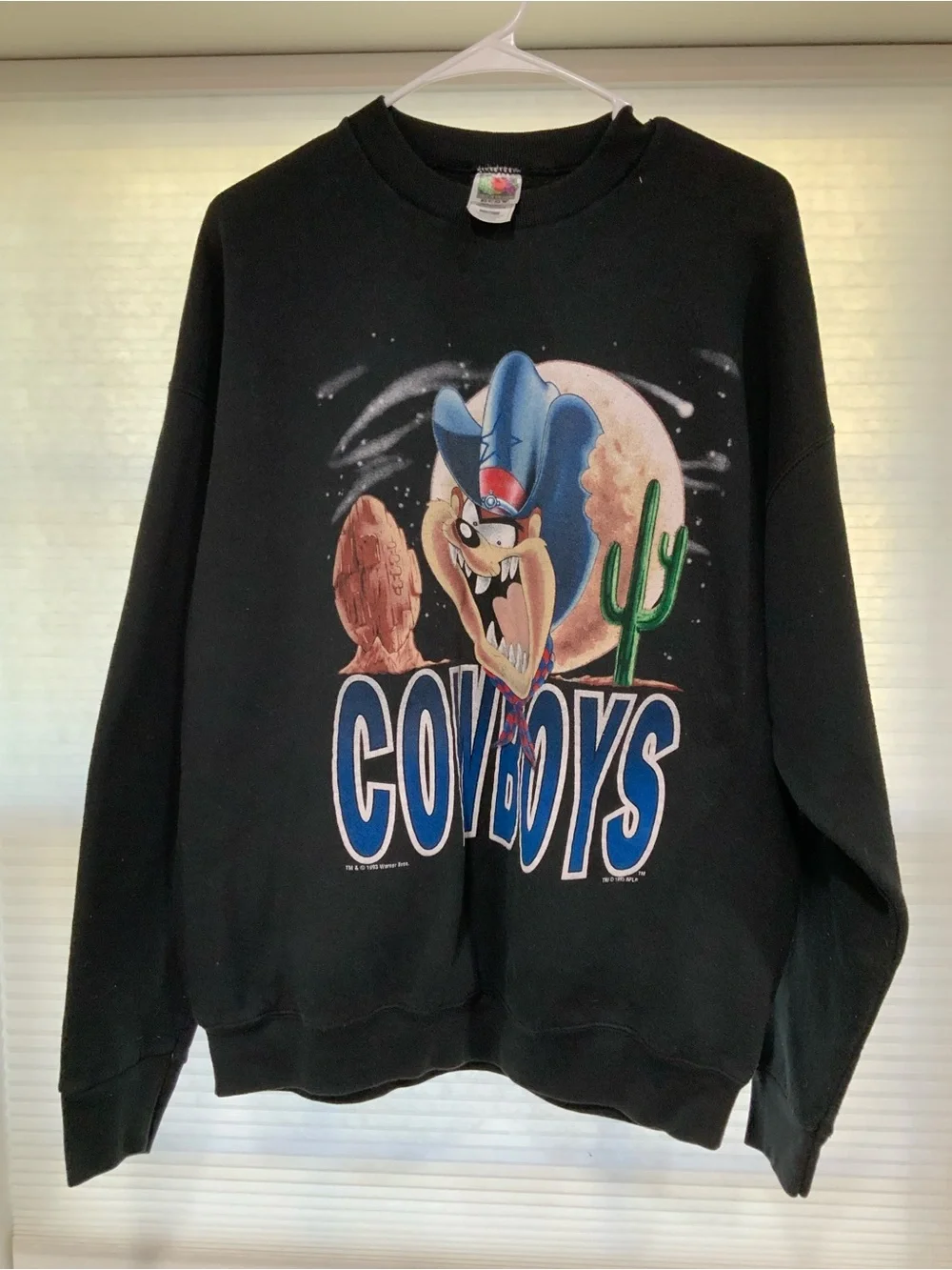 Vintage 1993 Taz Fruit of the Loom Black Cowboys Graphic Crewneck Sweatshirt